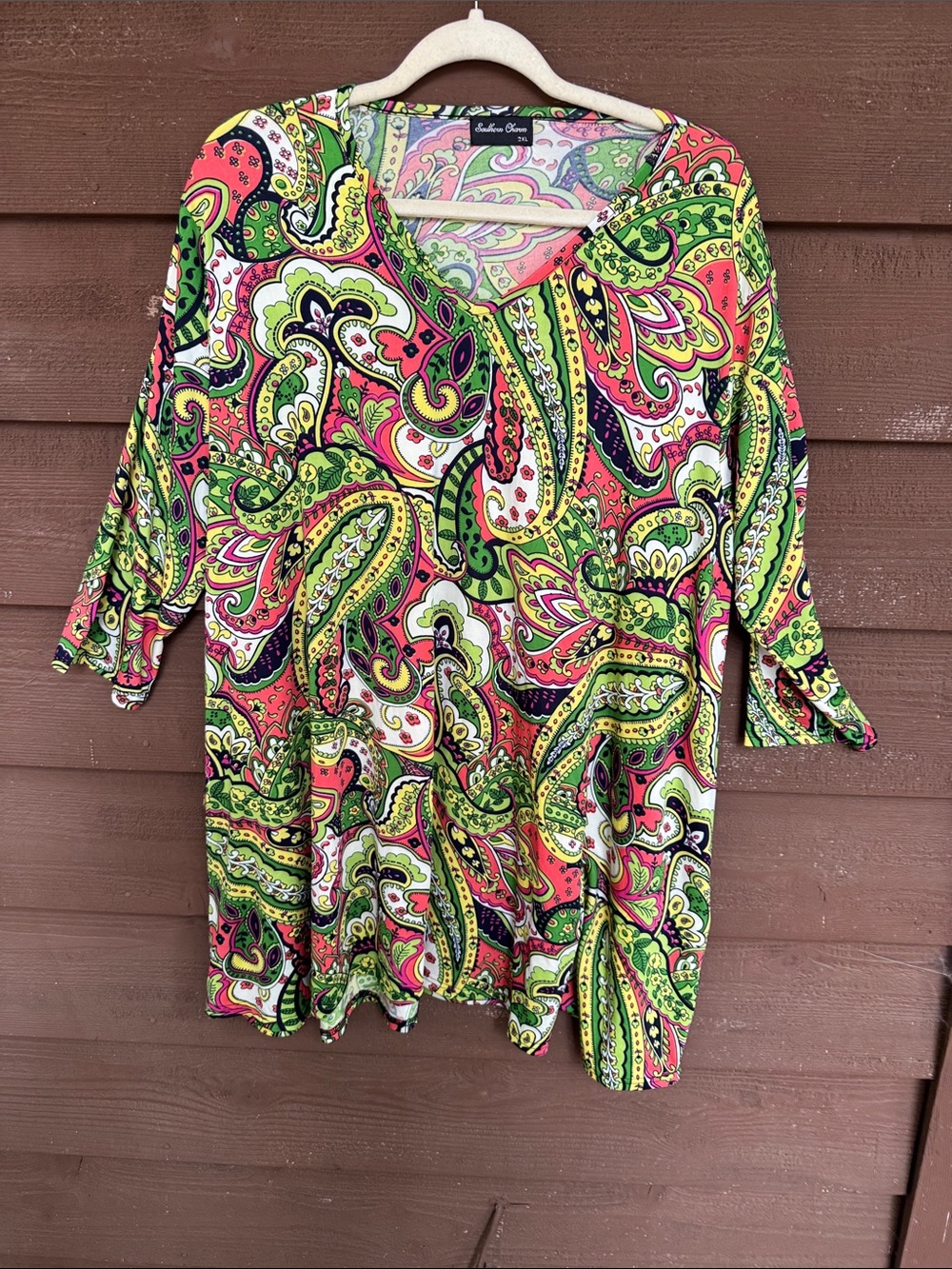 Southern Charm Paisley V-Neck Tunic in Pink & Green size 2XL